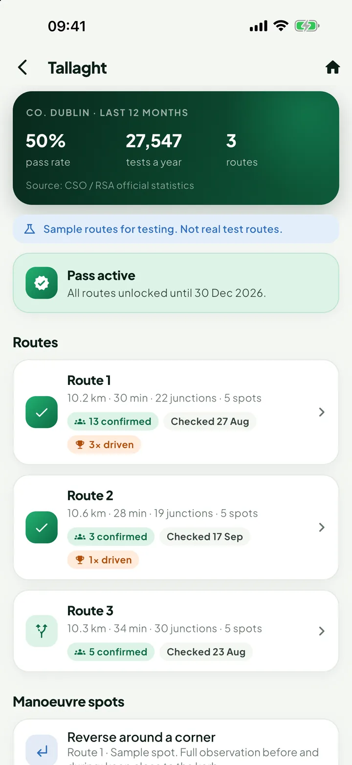 The routes at a test centre. Route 1 is marked as driven three times, Route 2 once.